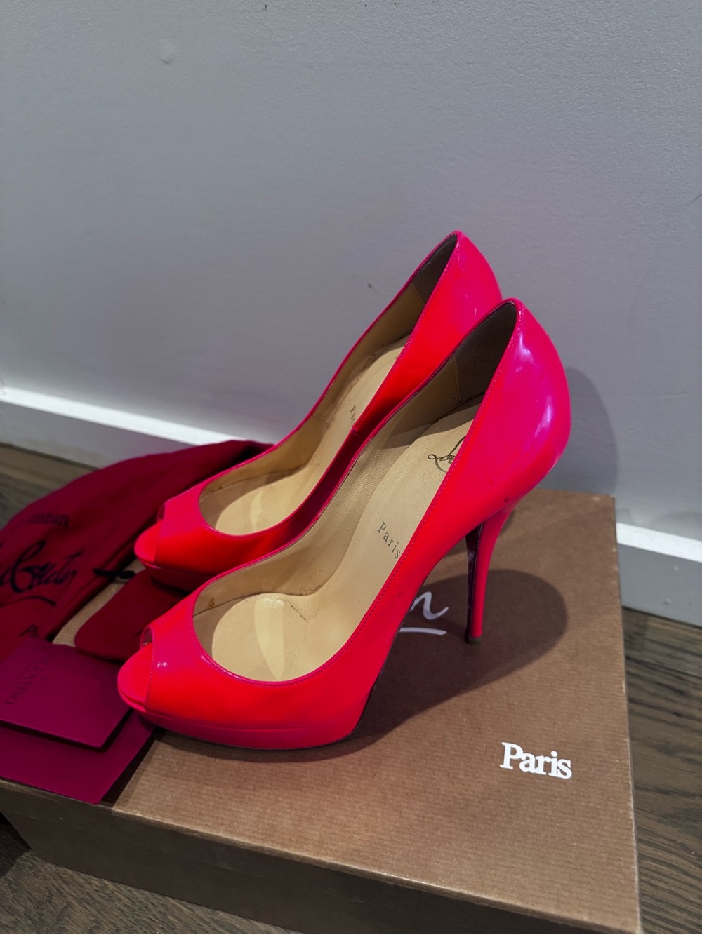Christian Louboutin Neon Pink Patent Peep-Toe Stiletto Pumps